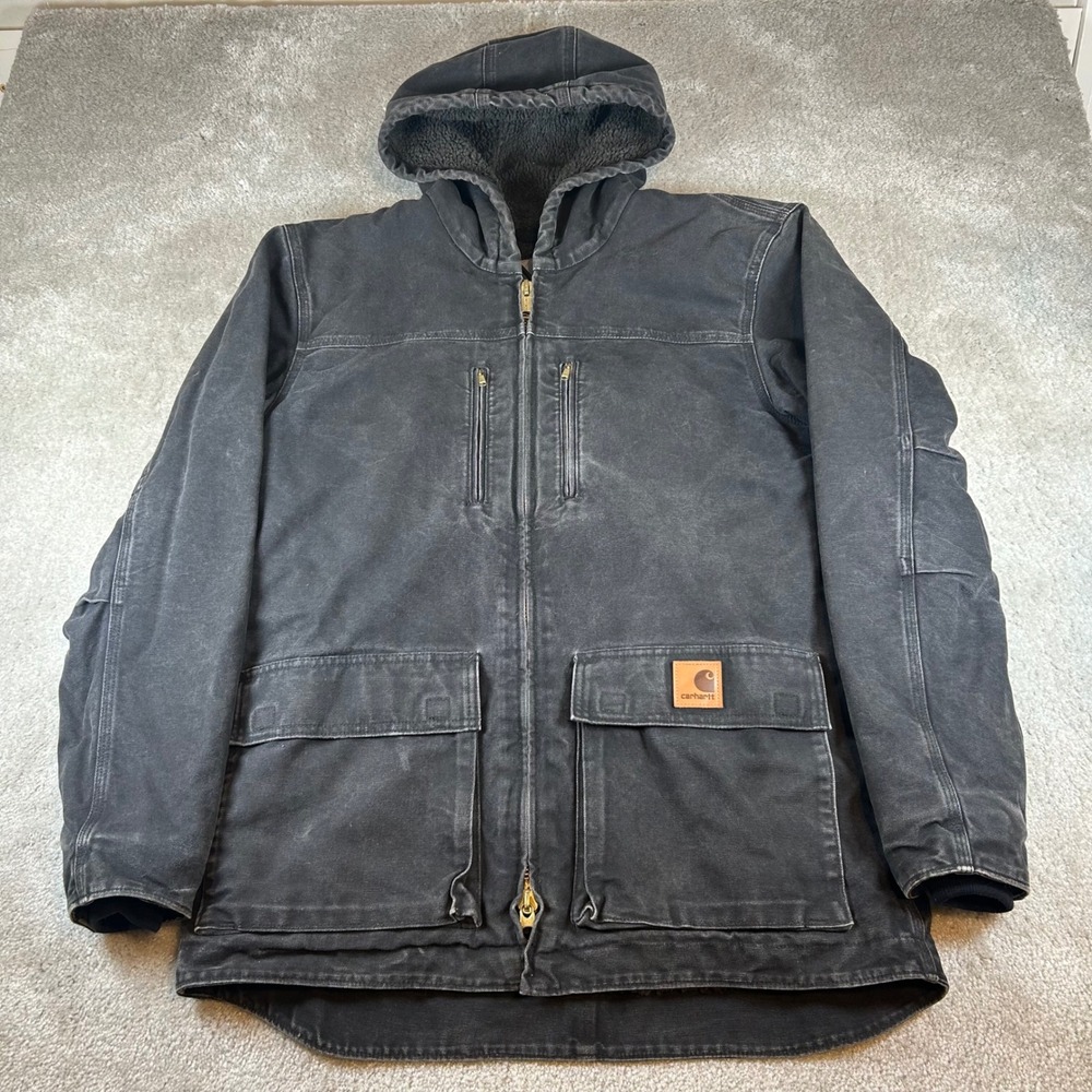 Carhartt C95 BLK Sandstone Sierra Jacket Mens Medium Black Sherpa Lined Hooded